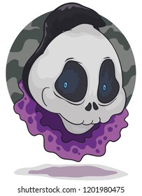 Mischievous ghost wearing a skull like a mask cover with a cap, floating ready for some Halloween mischief.