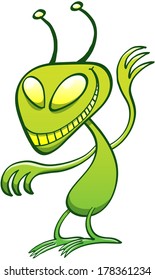 Mischievous green alien with big disturbing eyes, while posing, waving and smiling maliciously