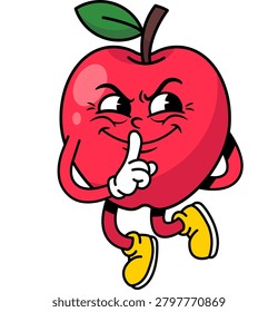 Mischievous Groovy Retro Apple Character with Cheeky Evil Grin Face