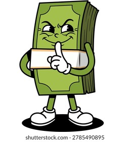 Mischievous Groovy Retro Cash Bundle Character with Cheeky Evil Grin Face, Fun Cute Cartoon Illustration of Naughty Smirking Money Bundle in Vintage Groovy Style