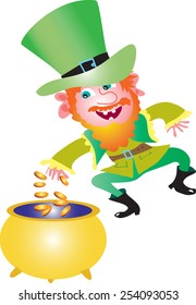 A mischievous Irish Leprechaun celebrating Saint Patrick's by dancing a jig and throwing gold coins into a pot