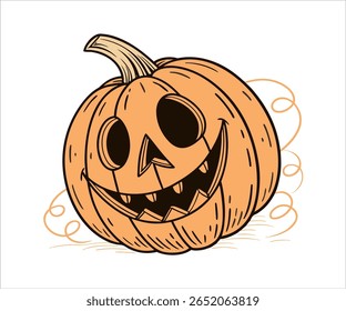 A mischievous jack-o'-lantern flashes a sharp toothed grin beneath wide, gleaming eyes its playful spirit captured in a burst of cartoon flair