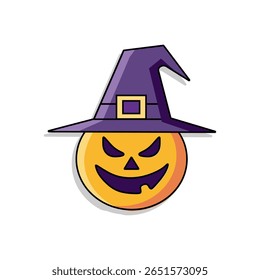 A mischievous jack-o'-lantern wearing a purple witch hat. Perfect for Halloween, spooky, or autumn designs.