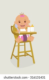 A mischievous kid in diapers, sitting on children's chair with a spoon in his hand.