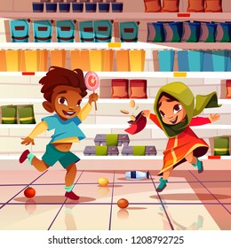 Mischievous kids playing with food in supermarket cartoon vector illustration. Rowdy indian boy with candy and girl in saree unpacking sweets, scattering goods on floor in grocery. Childish pranks