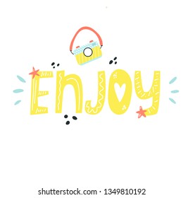 Mischievous Lettering text ENJOY with elements. Suitable for prints, childish t-shirts, books, textile