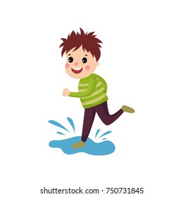 Mischievous little boy jumping on puddle, cartoon character of naughty boy