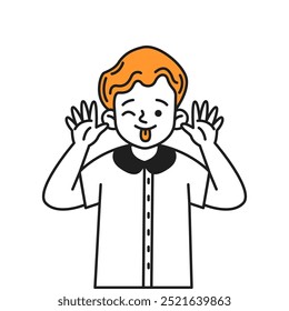 Niño travieso que hace el icono divertido del Vector de la línea del color de la cara. Niño sacando la lengua y guiñando la ilustración del garabato del carácter en blanco