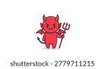 Mischievous little red devil with horns and wings holds a sharp black trident while showing a playful and naughty expression.