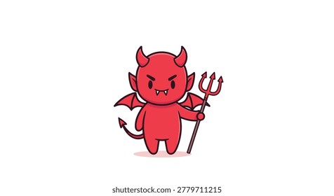 Mischievous little red devil with horns and wings holds a sharp black trident while showing a playful and naughty expression.