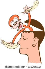 Mischievous Monkey Going Out Of The Head Of A Man In Meditation. The Monkey Is Smiling And Having Fun While Attempting To Tickle The Man's Nose. The Man Keeps Half-smiling, Imperturbable, Peaceful