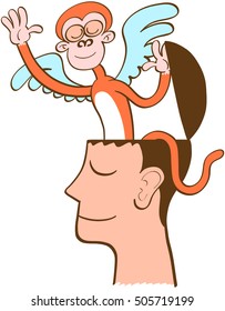 Mischievous monkey going out of the head of a man in meditation. The monkey's opening the head, deploying its wings, waving and leaving while looking wise. The man keeps meditating and half-smiling