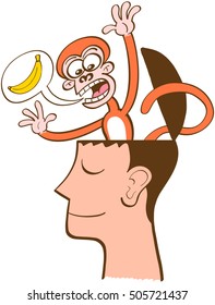 Mischievous monkey going out of the head of a man in meditation. The monkey is furiously asking for bananas by using a speech bubble. The man keeps meditating, half-smiling, peaceful, unruffled