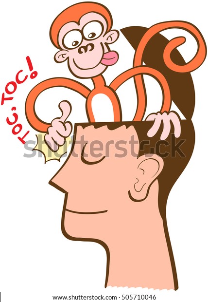 Mischievous monkey going out of the head of a man in meditation. The monkey is knocking on the front of the man's head. The man keeps meditating, perfectly serene and half-smiling