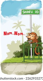 A mischievous monkey is sitting on the railing, enjoying a meal of banana. 