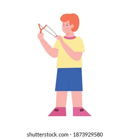 Mischievous naughty child with slingshot, flat cartoon vector illustration isolated on white background. Kids bad behavior and bad manners of children problem.
