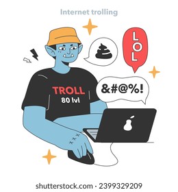 Mischievous online troll revels in chaos, gleefully typing away on his laptop. The playful smirk and show he's no novice at this game. Flat vector illustration