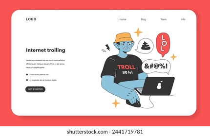 Mischievous online troll revels in chaos, gleefully typing away on his laptop. The playful smirk and show he's no novice at this game. Flat vector illustration