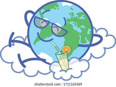 Mischievous planet Earth in minimalist style wearing sunglasses and happily smiling while laying on fluffy clouds. It's enjoying a refreshing orange cocktail and taking a well deserved break