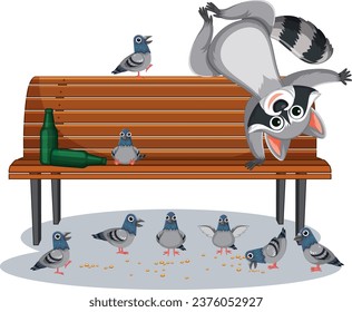 A mischievous raccoon enjoys a playful feeding session at the park bench