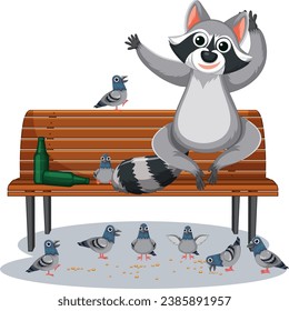 A mischievous raccoon enjoys a playful feeding session at a park bench