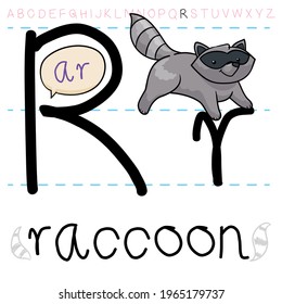 Mischievous raccoon with its traditional fur mask jumping between letters R, learning the alphabet.