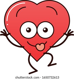 Mischievous red cartoon heart with bulging eyes having great fun when making funny faces. It’s staring at you and sticking its tongue out while standing in one single leg