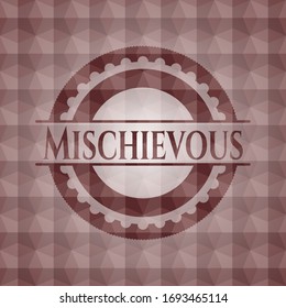 Mischievous red emblem or badge with geometric pattern background. Seamless.