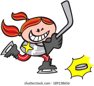 Mischievous red haired girl grinning, winking, skating and shooting a hard rubber puck with her stick while playing ice hockey