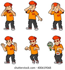 A mischievous red-haired boy. Gestures and emotions.