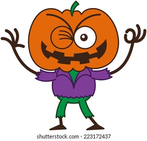 Mischievous scarecrow with a big orange pumpkin as head, bulging eyes, wearing a purple shirt and green pants, while winking, smiling and making an OK sign