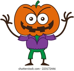 Mischievous scarecrow with a big orange pumpkin as head, bulging eyes, wearing a purple shirt and green pants, while frowning, raising its arms and smiling maliciously