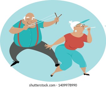 Mischievous senior couple spitting paper balls and using a slingshot,  EPS 8 vector illustration