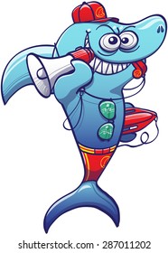 Mischievous shark wearing cap, sunglasses and red swimsuit while holding a rescue can, a megaphone and a whistle and patrolling the surroundings