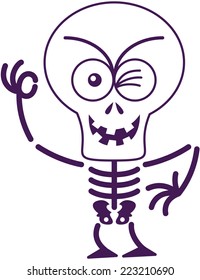 Mischievous skeleton with big head, bulging eyes and missing teeth while frowning, smiling winking and making an OK sign in malicious mood