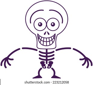 Mischievous skeleton with big head and bulging eyes while posing, staring at you and grinning in a very embarrassed mood