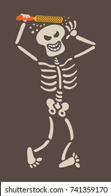 Mischievous skeleton rasping its own skull and acting as if it was getting its hair styled. It is laughing mischievously and walking while having lots of fun