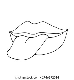 A mischievous smile. Lips with tongue. Vector illustration in doodle style. Show
 lips with tongue