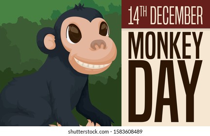 Mischievous, smiling chimp in the forest and loose-leaf calendar to commemorate Monkey Day celebration in December 14.