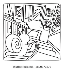 Mischievous snail gets ready to race down the stairs on a tiny sled, aiming straight for the open front door. Fun black and white coloring page.