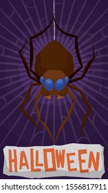 Mischievous spider balancing in its web, promoting Halloween celebration with a greeting sign.