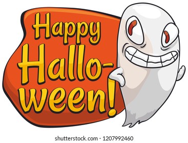Mischievous and translucent ghost smiling and resting over greeting sign, ready for treats during Halloween.