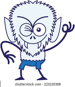 Mischievous werewolf with big head, bulging eyes, blue pants, blue fur and sharp fangs while frowning, smiling, winking and making an OK sign in a very malicious mood