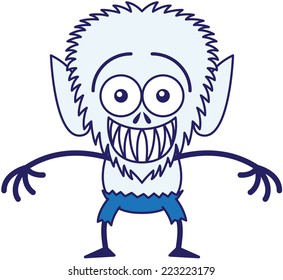 Mischievous werewolf with big head, bulging eyes, blue pants, blue fur and sharp fangs while staring at you and grinning in a very embarrassed mood