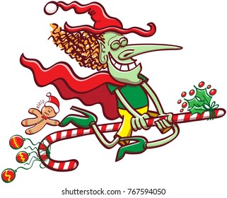 Mischievous witch clenching her eyes, smiling and wearing red and green clothes while flying on a Christmas candy cane, exhibiting baubles and ornaments and taking a cookie man for a ride