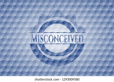 Misconceived blue emblem or badge with abstract geometric pattern background.