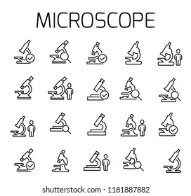 Miscroscope related vector icon set. Well-crafted sign in thin line style with editable stroke. Vector symbols isolated on a white background. Simple pictograms.