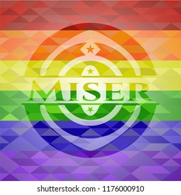 Miser emblem on mosaic background with the colors of the LGBT flag