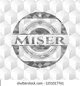 Miser retro style grey emblem with geometric cube white background
