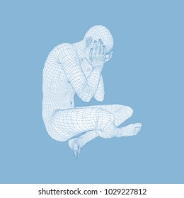 Traurige depressive Menschen Sitzen und Denken. Der Mensch in einem Thinker Pose. 3D-Modell des Menschen. Vektorgrafik.